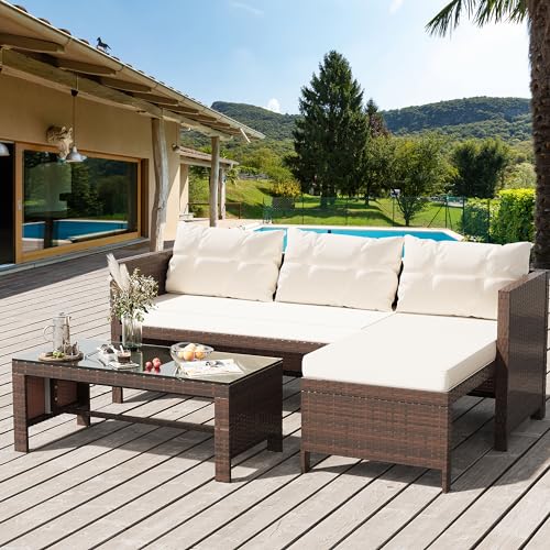 Shintenchi 3-Piece Outdoor Patio Furniture Sets, Wicker Patio Conversation Sets, All Weather Wicker...
