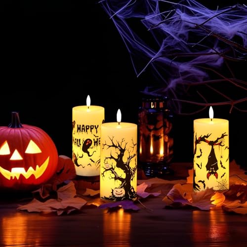 Image of Halloween Decorations Ghost Bat Flameless Halloween Candles with 6H Timer, Battery Operated LED Candles for Halloween Decor Indoor