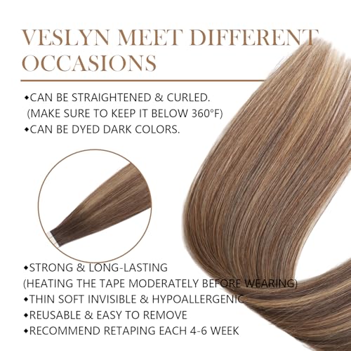 Image of Tape In Hair Extensions Human Hair Brown Balayage Caramel Blonde