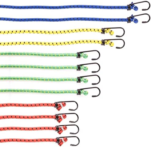 Pretex Heavy Duty Bungee Cords with Hooks - Set of 12 - Multi-coloured Bungees for Camping and Outdoor Activities - Luggage Straps with 4 Different Lengths