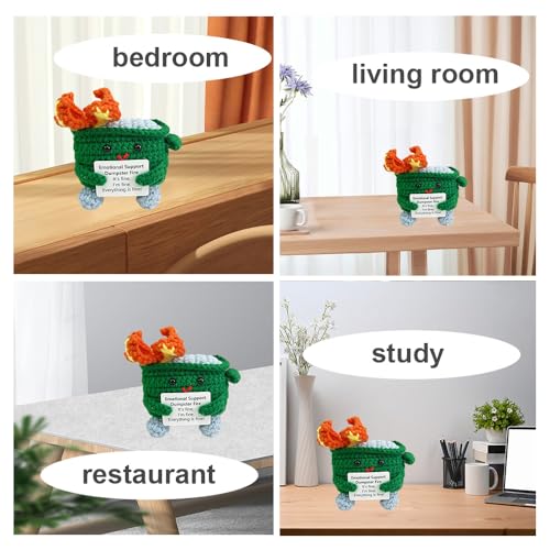 Emotional Support Crochet Dumpster Fire with Positive Card, Cute Room Decor Knitted Toys Funny Crochet Support Buddies Gifts for Friends(Green) - Thumbnail 3