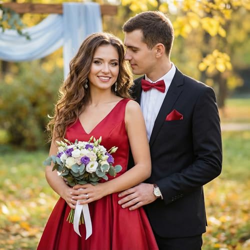 Image of HISDERN Bow Ties for Men Solid Color Pre-Tie Bow Tie and Pocket Square Set Classic Formal Tuxedo Bowties for Wedding Party
