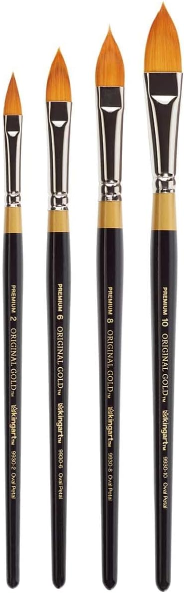 B-100 Premium 4 pc. Original Gold 9930 Series Oval Floral Petal Brush Set, Synthetic Golden Taklon for Acrylic, Oil, Watercolor Paint, Short Handle, 4 Brushes Sizes: 2, 6, 8, 10