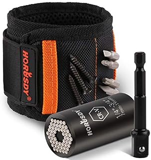 HORUSDY Magnetic Wristband & Universal Socket Grip (7-19mm), for Dad with Strong Magnets for Holding Screws, Nails, Drilling Bits, DIY, Tool Gift for Men