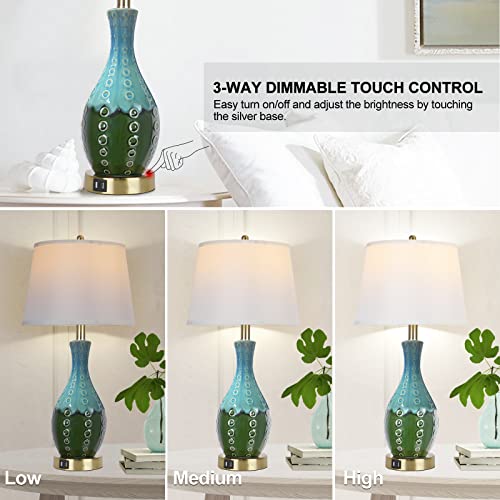 Qimh Blue Ceramic Table Lamp For Living Room Set Of 2, Mid Century Modern Teal Green Vase-Shaped Lamps For Bedroom Decor, Touch Control Bedside Lamp For Nightstand With Dual Usb Ports #TOP1