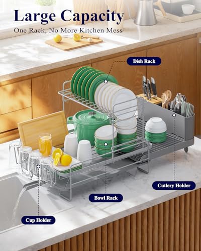 Image of Kitsure Extendable Dish Drying Rack, 19.2 inch-26.7 inch L x 12.9 inch W, 2-Tier | Large Dish Rack, Multifunctional Dish Rack for Kitchen Counter, Anti-Rust Dish Drainers with Cutlery & Cup Holders,Grey