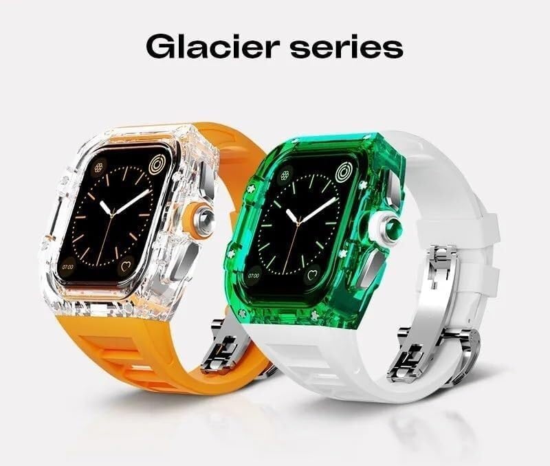 Transparent Watch Case Fluororubber Band，For Apple Watch Series 8 7 6 5 4 SE 44mm 45mm，Clear Watch Case Sport Breathable Straps Clasp Replacement Accessories