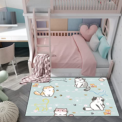 Girls Blue Cat Rugs Cute Cartoon Cat Area Rug For Girls Bedroom Cats Rugs For Living Room Playroom Nursery Decor Flannel Cats Carpets Rug Decorative Floor Sofa Mat For Kids Home Decor, 3'×5' #TOP2