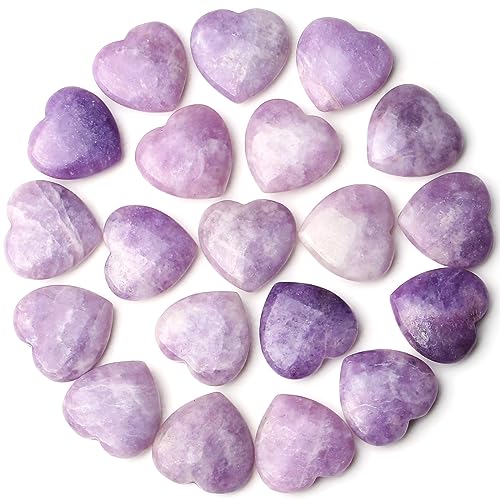 Image of QINJIEJIE 20PCS Lepidolite Heart Stones Crystals Bulk Love Shaped Worry Stone Heart Rock Pocket Polished Palm Gems Crystal Reiki Balancing Wholesale Carved Stone Decor Gift