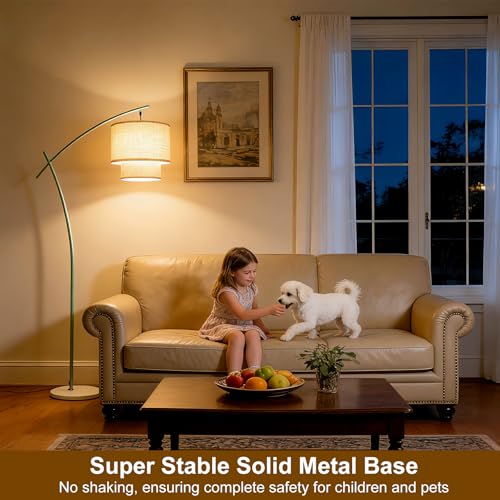 Image of Lightdot Arc Floor Lamp for Living Room, Modern Standing Tall Lamps with Double Linen Lampshade, Tall Hanging Pole Lamp with Bulb Included for Bedroom Sofa Beside /Corner Decor - Grayish Green