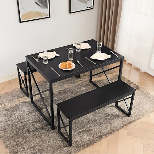 Image of VECELO 43.3 inch Kitchen Dining Table Set for 4, Heavy-Duty Steel Frame & Wood-Grain Tabletop, Space-Saving Dinette Sets with 2 Benches for Breakfast Nook and Small Space, Black