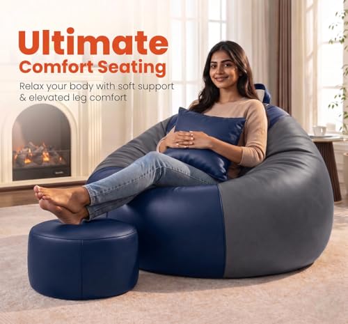 Image of Sattva Classic 3XL Bean Bag Chair with Beans Filled | Sofa Style Faux Leather Beanbags with Footstool & Cushion | Pre-Filled Bin Bags Sofa & Beam Bag for Adults | Home & Office, Navy Blue & Grey