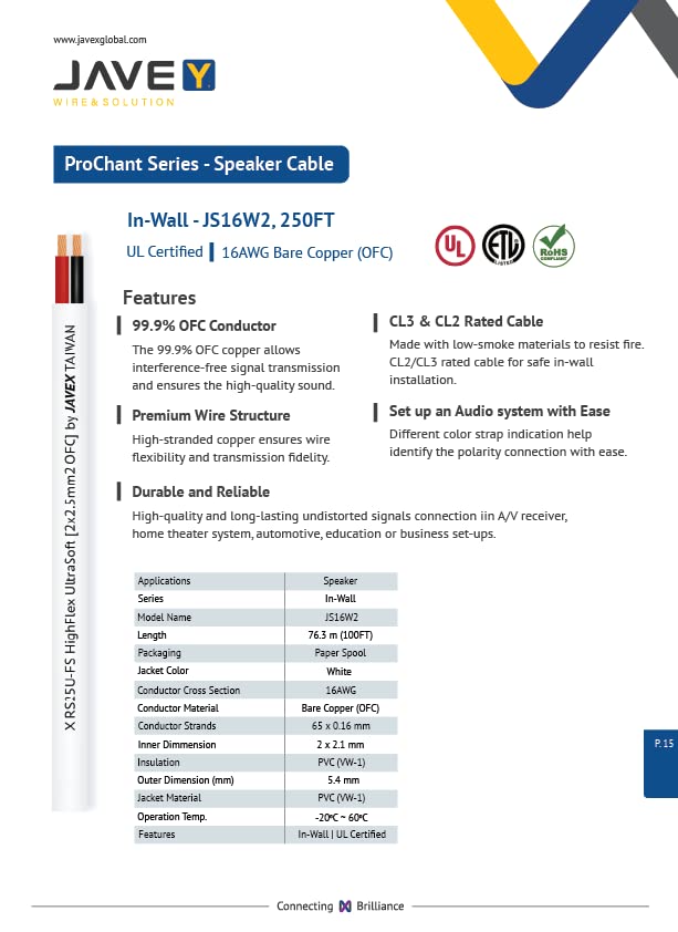 Miniatura 5 de JAVEX Cable de altavoz 162, calibre 16AWG, cable de cobre sin oxígeno CL3CL2 clasificado en paredexterior para sistemas de alta fidelidad, cine en
