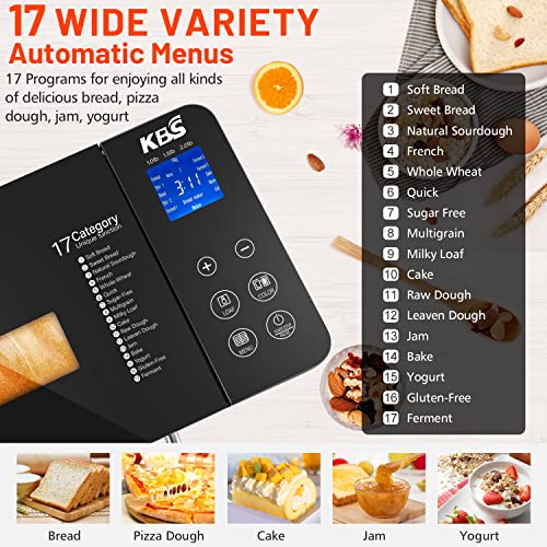 KBS-17-in-1-Bread-Maker-Dual-Heaters-710W-Bread-Machine-Stainless-Steel-with-Gluten-Free-Dough-MakerJamYogurt-PROG-Auto-Nut-DispenserCeramic-Pan-Touch-Panel-3-Loaf-Sizes-3-Crust-ColorsRecipes
