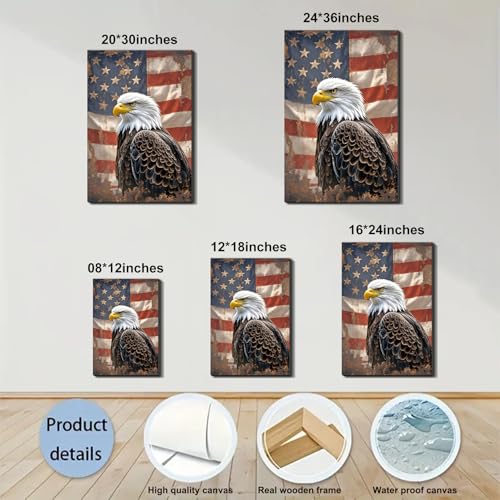 Image of Framed Vintage Bald Eagle American Flag Wall Art, Patriotic Rustic Canvas Art Pictures, USA Eagle Wall Decor, Made in USA Ready to Hang for Office Man Cave