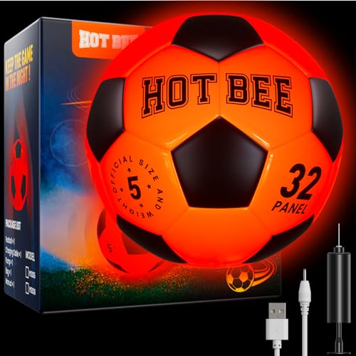 Hot Bee Fußball Geschenk Junge Leuchtender Fußball Größe 5 Fussball Kinder Spielzeug ab 8 9 10 11 12+ Outdoor Sport Spielzeug mit Tragetasche Lederfußball mit Pumpe Training Fussbälle Rot