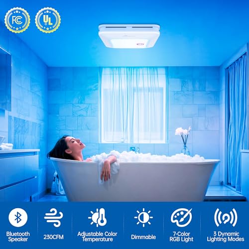 Image of Bathroom Exhaust Fan with Bluetooth Speaker & RGB Light, 230 CFM Ultra Quiet Ceiling Vent Fan with Remote, 3CCT Dimmable LED Light, 7 Color Mood Lighting, 1.0 Sone for Bathrooms up to 200 Sq.Ft
