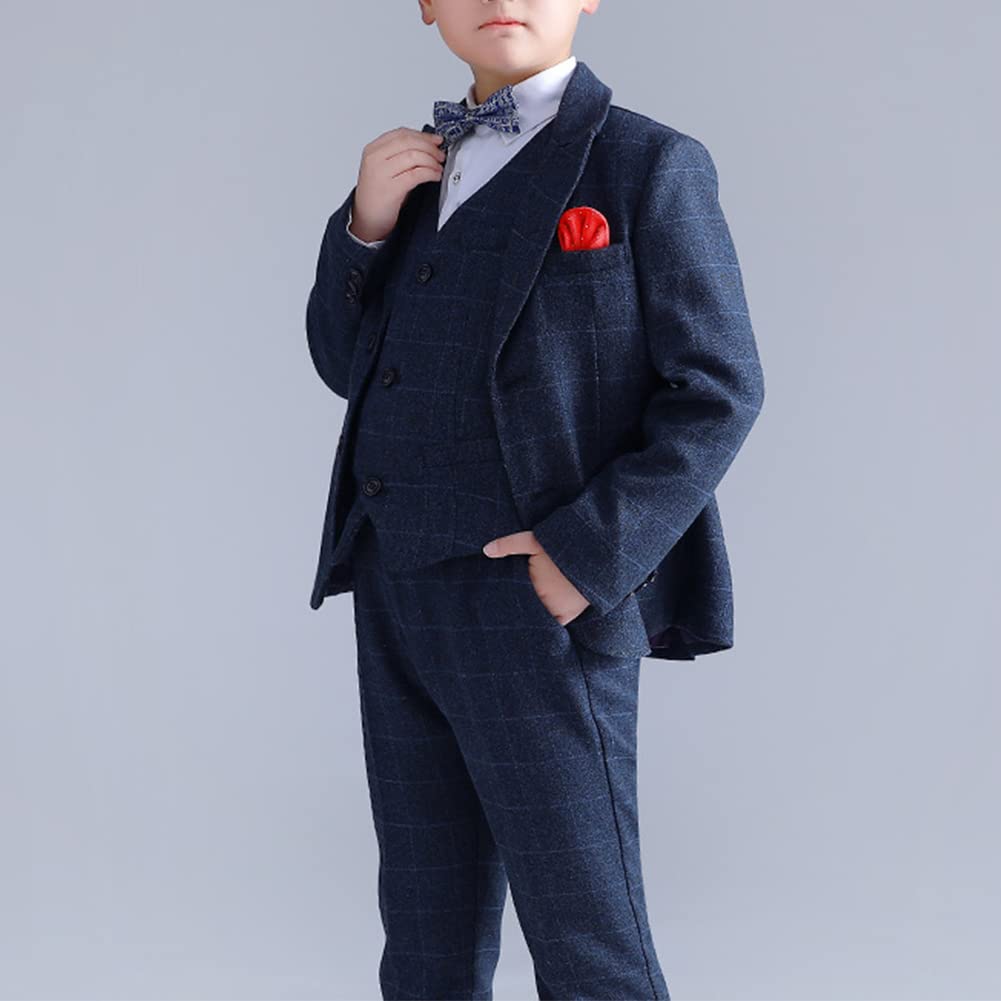 GUOCU Conjunto de Esmoquin Niños,Trajes para Niños para Boda Ceremonia,Talla Grande Trajes Azul a Cuadros+Chaleco+Camisa+Pantalón+Pajarita,Traje de Caballero Infantil Traje Formal de Bautizo