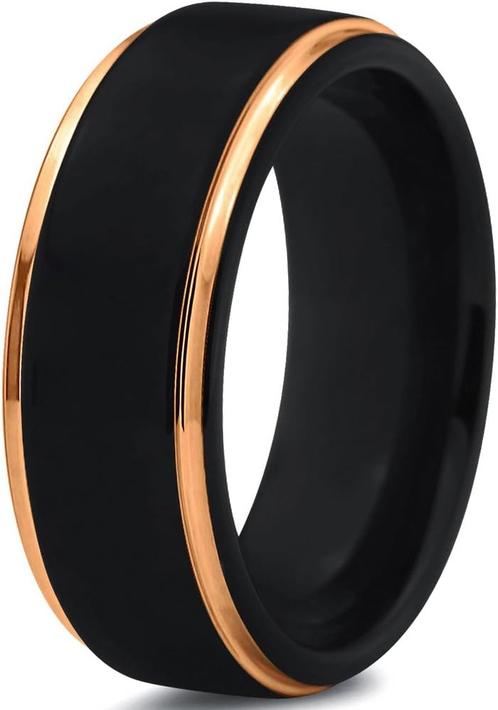 Midnight Rose CollectionTungsten Wedding Band Ring 8mm for Men Women 18k Yellow Gold Plated Step Edge Black Brushed Polished