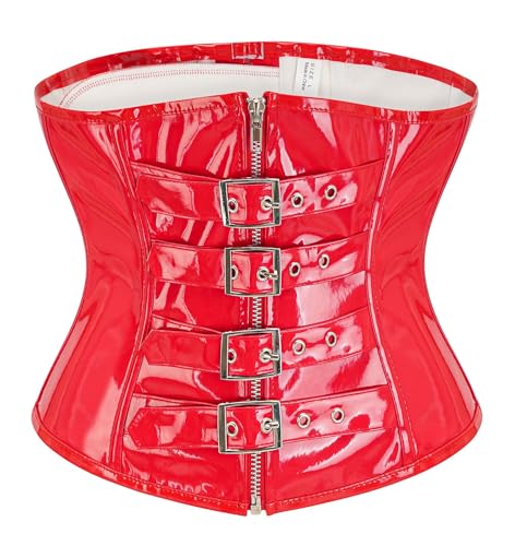 bslingerie Womens PVC Leather Underbust Waist Training Body Shaper Bustier Corset Top (L, Red Buckles)