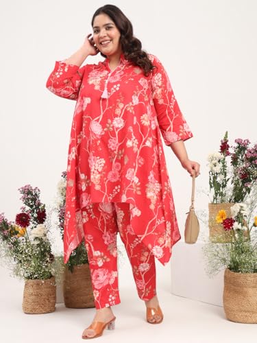 Image of Tissu Women's Plus Size Pure Cotton Red Asymmetrical Top with Trouser Co-ord Set