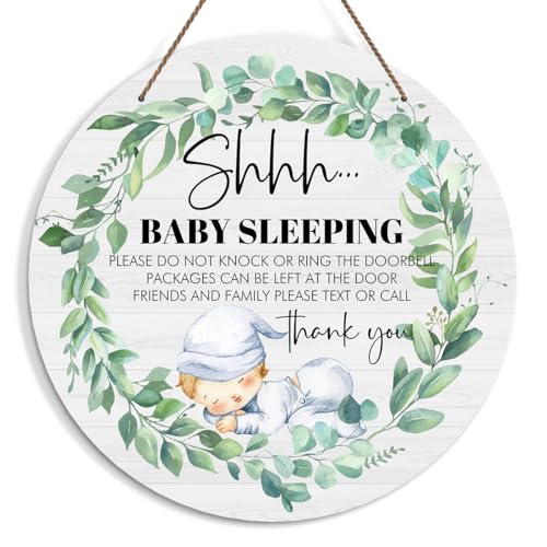 Image of Baby Sleeping Sign for Front Door, Do Not Knock or Ring Doorbell Door Decorations, Wooden Hanging Sign for Farmhouse Porch Nursery, Greenery Wood Door Hanger for Outdoor, Kids Room Wall Decor -40