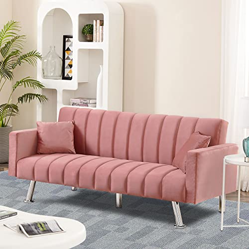 Awqm Sofa Bed, Upholstered Convertible Sofa Bed With 2 Pillows, Modern Sleeper Sofa Couch With Wooden Frame And Metal Legs, Comfortable Velvet Sofa Suitable For Living Room Bedroom Office (Pink) #TOP3