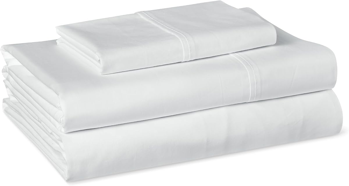 Amazon Basics Juego de sábanas de algodón orgánico con funda de almohada de 1 pieza, ropa de cama con certificación GOTS, Twin, blanco