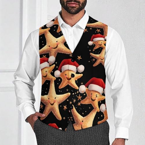 Cute Starfish With Santa Hats Men's Formal Suit Vest for Business Formal Or Casual Dress Waistcoat Wedding2