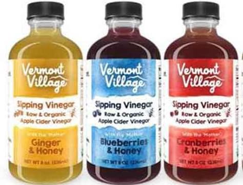 Vermont Village Sipping Vinegar Variety Bundle, 8 oz (Pack of 3) includes 1-Bottle Blueberries & Honey, Ginger & Honey, Cranberries & Honey