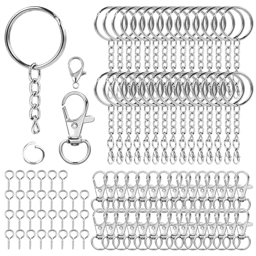 150 Stk Schlüsselringe Klein mit Kette – Schlüsselanhänger Ringe Set mit karabinerhaken klein, ideal für Schlüsselanhänger Selber Machen, Keychain Zubehör, robuste Schlüsselring mit kette (Silber)