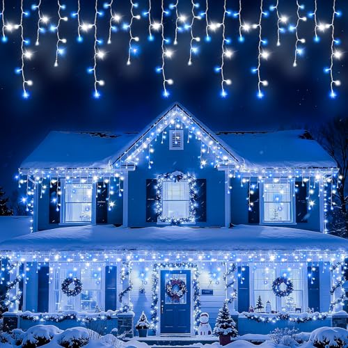 Etopgo Icicle Lights Outdoor, 480LED 20M Cool White & Blue Fairy Lights Outside Waterproof,8 Mode Icicle Christmas Lights Main Powered for House Roof Porch Gutter Xmas Decorations