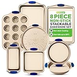 NutriChef Non-Stick Baking Tray Set 8-Piece , Stackable Bakeware Tins with Cookie Sheet, Roasting Pan, Square Loaf Pan, Pizza Pan, Muffin Pan, Cake Tin, Space-Saving Gold Oven Baking Set