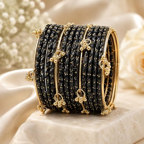 Image of Kaher Kashmiri Glass Bangle with gunghro Set for Women| Traditional, Fancy Glass Chudi Set for Festival, Wedding, and Party (Set Of 16)