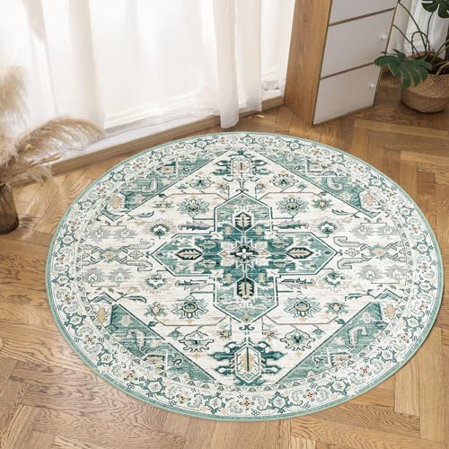 VK VK·LIVING Washable Round Rug 5ft Vintage Circle Area Rugs with Non-Slip Round Carpets for Living Room Bedroom, Stain Resistant Floor Carpets for Dining Home Office Boho Rug, Soft Sage - image 9