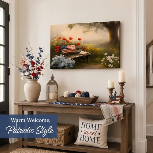 Image of RIBNTAK Made in USA Farmhouse Floral 4th of July Canvas Prints- Vibrant Bench in Peaceful Garden Landscape Wall Art, Memorial Day Pictures for Living Room, Bathroom, or Office Wall Decor