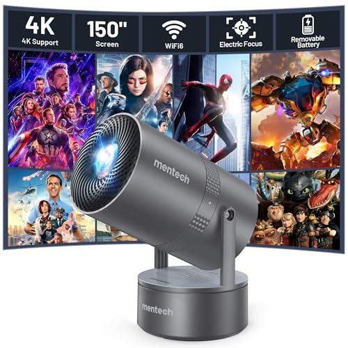 Mini Projector with Built-in Battery, Wifi, Bluetooth, 4K Decoding, 1080P Support, 150'' Screen, and 270° Rotation - Iron Grey