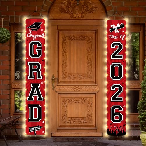Image of 2026 Graduation Banners Class of 2026 Congrats Grad Porch Sign Party Lighted Decorations Supplies Welcome Hanging Door Decor with LED Light Banners for Indoor Outdoor(Red and Black)
