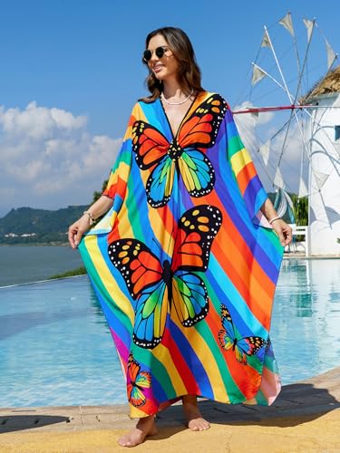 Image of IMAGEKOPE Women's Plus Size Animal Print V-Neck Batwing Kaftan Beach Dress Bathing Suit Cover-Up Loungewear