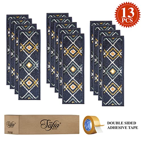 The Sofia Rugs Stair Treads For Wooden Steps - 28In X 9In Stair Treads For Staircase Steps - Blue Modern Stair Runners For Wooden Steps With Double Sided Tape - Set Of 13 - Aura #TOP4