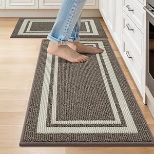 COSY HOMEER Kitchen Rugs Non-Slip 20x30/20x48 Inch Thick Polypropylene Standing Mat for Home Machine Washable, Brown Frame
