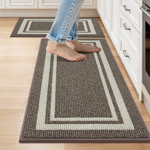 COSY HOMEER Kitchen Rugs Non-Slip 20x30/20x48 Inch Thick Polypropylene Standing Mat for Home Machine Washable, Brown Frame Brown White 20"x30"+20"x48"