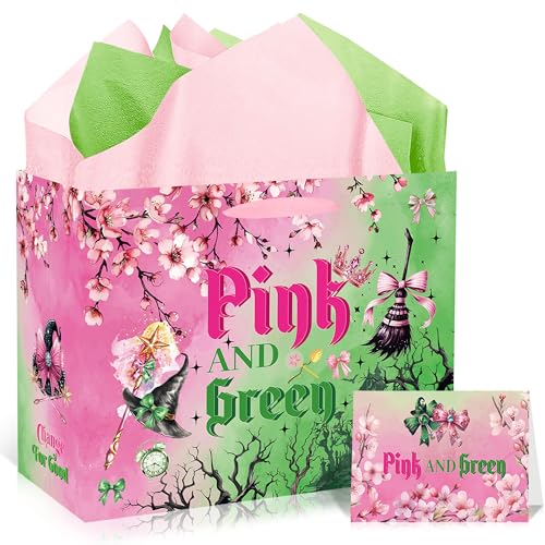 Pink and Green Gift Bags with Handles Tissue Paper and Greeting Card Witch Hat Bow Wrapping Paper for Witch Movie Themed Birthday Halloween Party Decorations Supplies