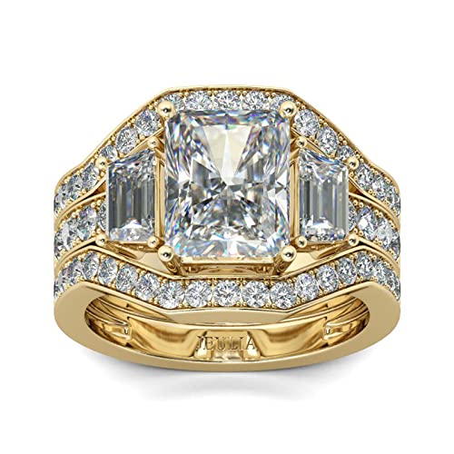 Jeulia Diamond Radiant Cut Wedding Ring: Sterling Silver 3Pc Gold Tone Halo Bridal Set Promise Band Elegant Crystal Best Anniversary Valentines Jewelry Gift With Box (Gold, 6.5) #TOP18
