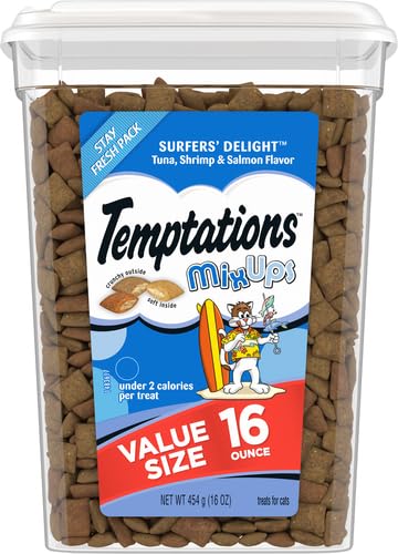 Image of Temptations Cat Treats MixUps Surfer's Delight, Tuna, Shrimp, Salmon Flavor, Crunchy and Soft Cat Treats, 16 oz. Tub (Pack of 4)