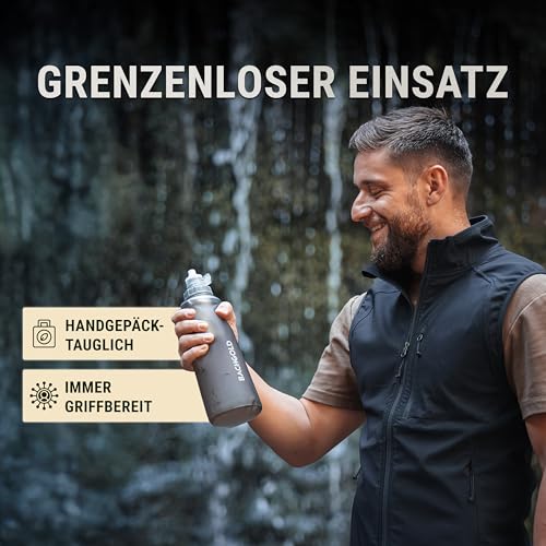 Bachgold® Squeeze Wasserfilter Outdoor – Ultraleichter Trinkwasserfilter mit Virus-Filtration für Camping, Survival, Notfall, Bushcraft | Filtert Viren, Bakterien & Mikroplastik (Grau, 1000ml)