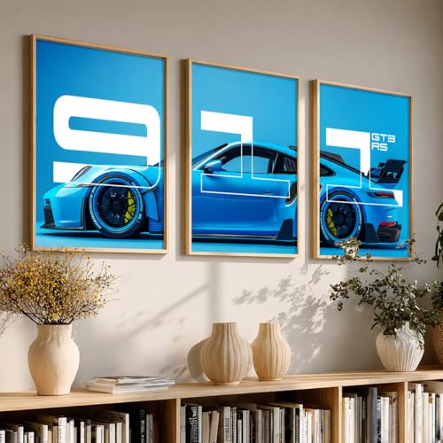 Image of HOMESY Sports Cars Framed Posters Gift Items for Boys Room | Wall Decoration for Bedroom Living Room Office Gaming Room Decor | Sports Cars Poster with Frame for Wall Decor Set Of 3 Size (13x17 inch, BROWN)