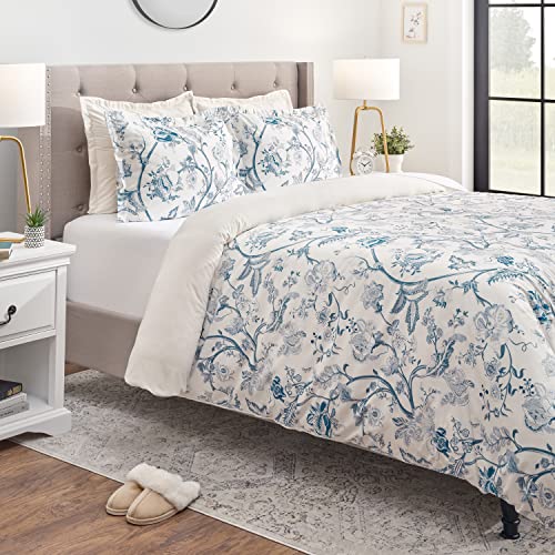 Chanasya 5-Piece Reversible Ultra Soft Brushed Microfiber Velvet Bedding Comforter Duvet Cover Set - Blue Cream Toile Peony Floral Botanical Print - (1 Duvet Cover & 4 Pillow Shams) - King Bed #TOP1