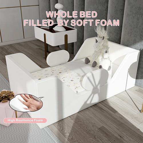 Toddler Bed, Child Bed for Kids with Extra Safty Broad, Standard Crib Size Toddler Bed, Certified Fabric Toddler Beds,Toddler Flood Bed (White)
