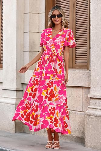 Image of MASCOMODA Women Boho Swiss Dot Maxi Dresses Wrap V Neck Flutter Short Sleeve Solid Tie Waist A Line Tiered Flowy Long Dresses